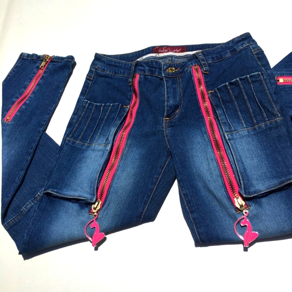 Baby Phat Bubble Gum Zipper Cat Y2K Jeans Size 9 Hot Pink Blue